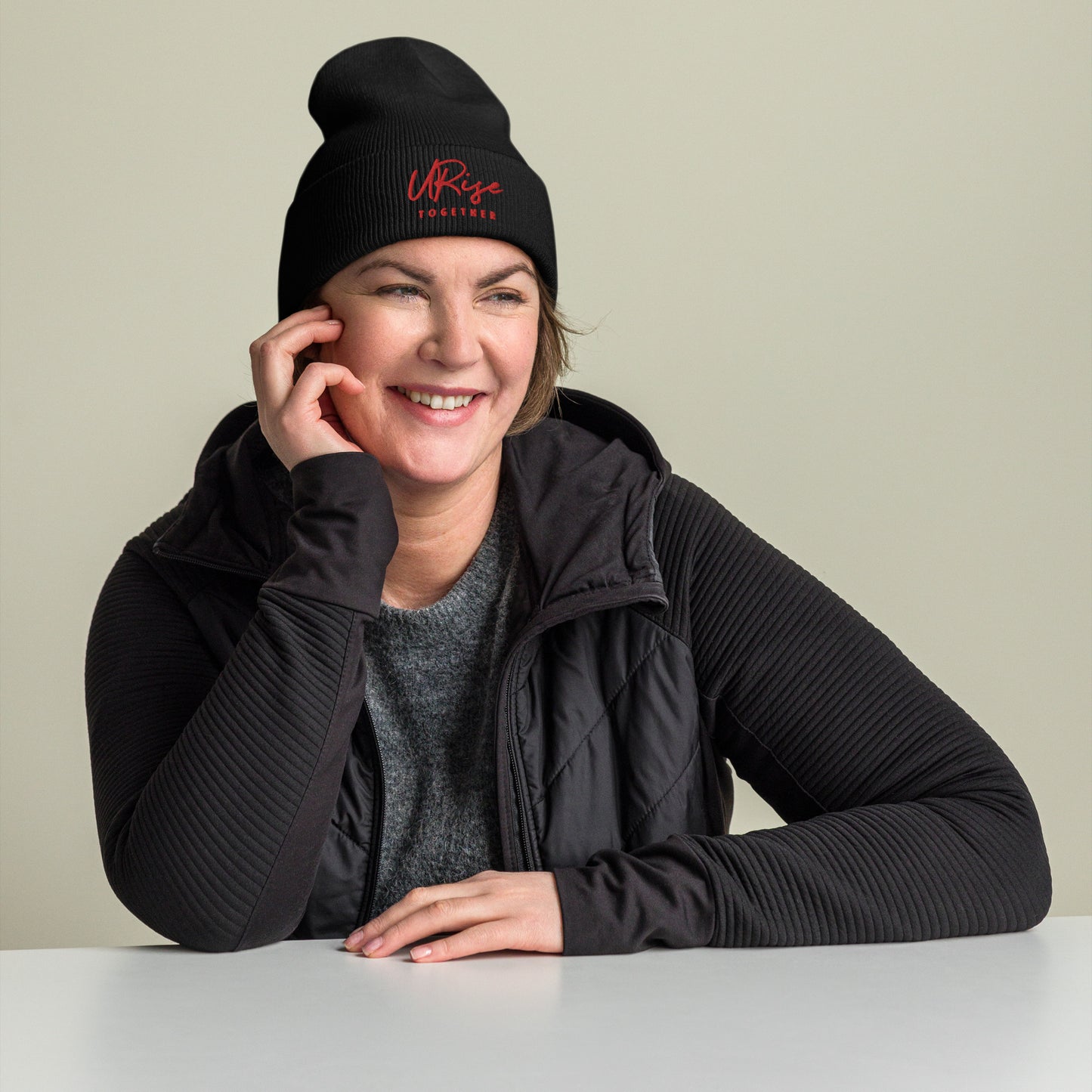 URise Together Cuffed Beanie Unisex Black w/ Red Stitch