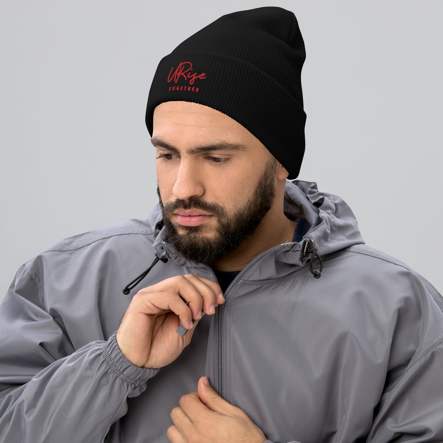 URise Together Cuffed Beanie Unisex Black w/ Red Stitch