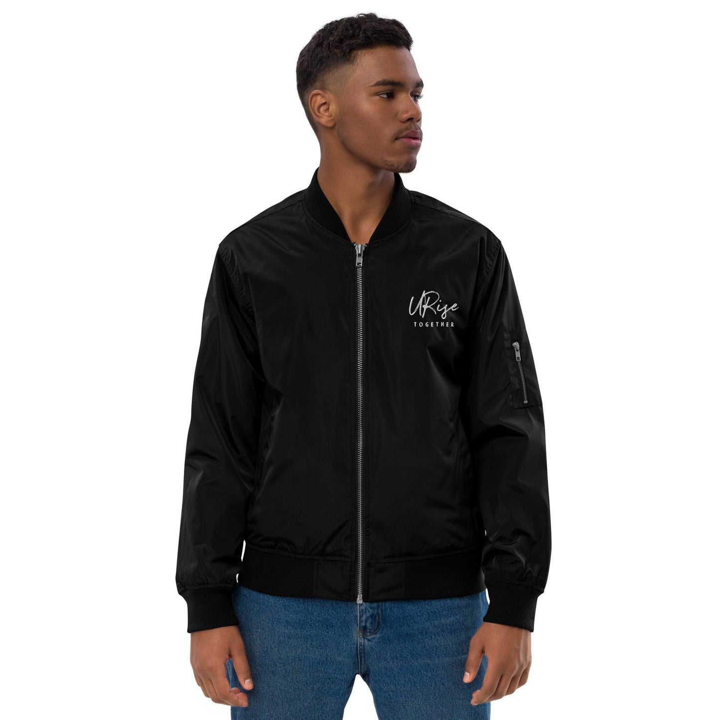 "URise Together" Embroidered Logo Bomber Jacket - Black - URiseTogetherApparel