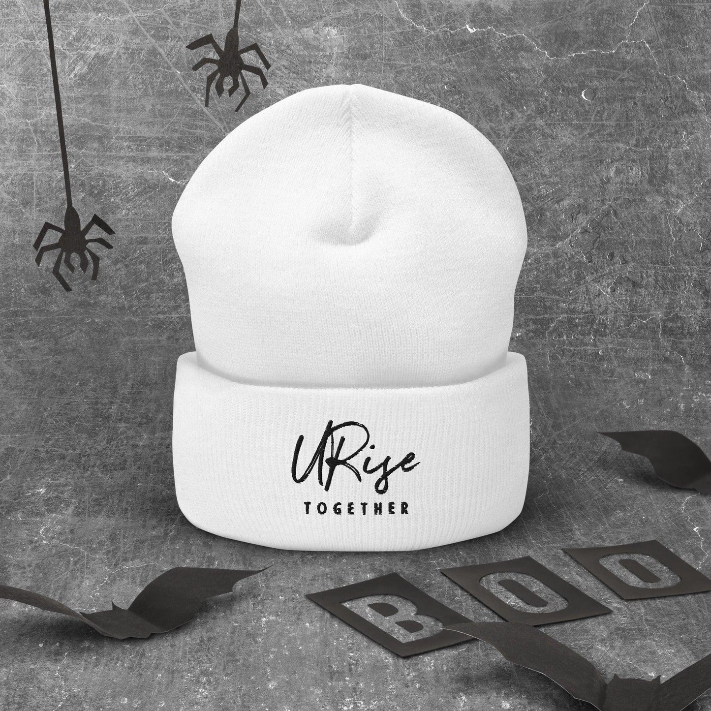 "URise Together" Embroidered Cuffed Beanie - White - URiseTogetherApparel