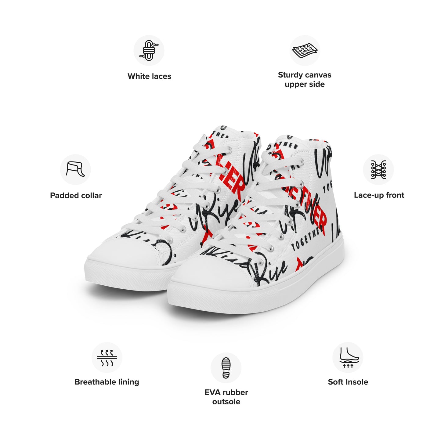 "URise Together" Men’s high top canvas shoes Wht/Red