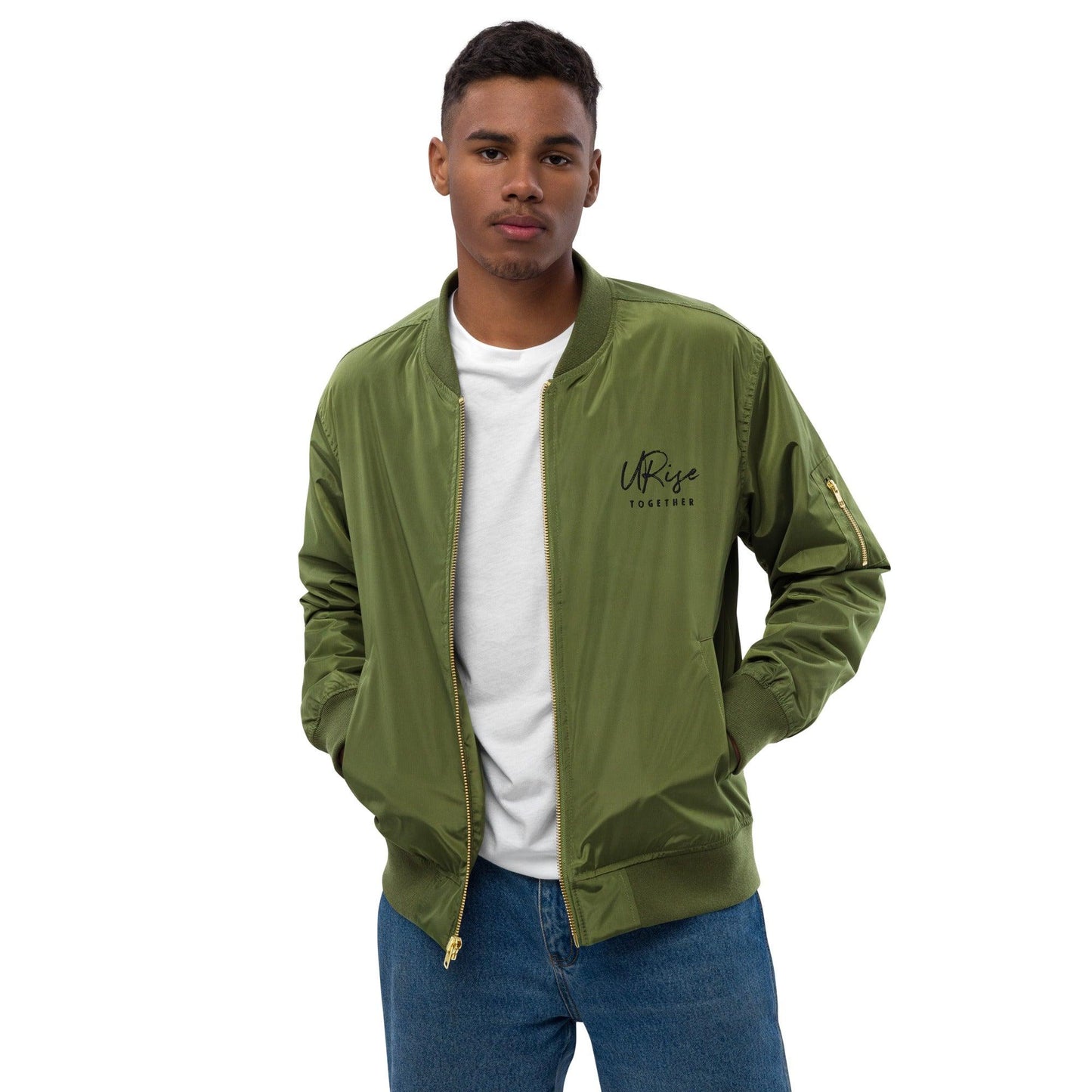 "URise Together" Embroidered Logo Bomber Jacket - Green - URiseTogetherApparel