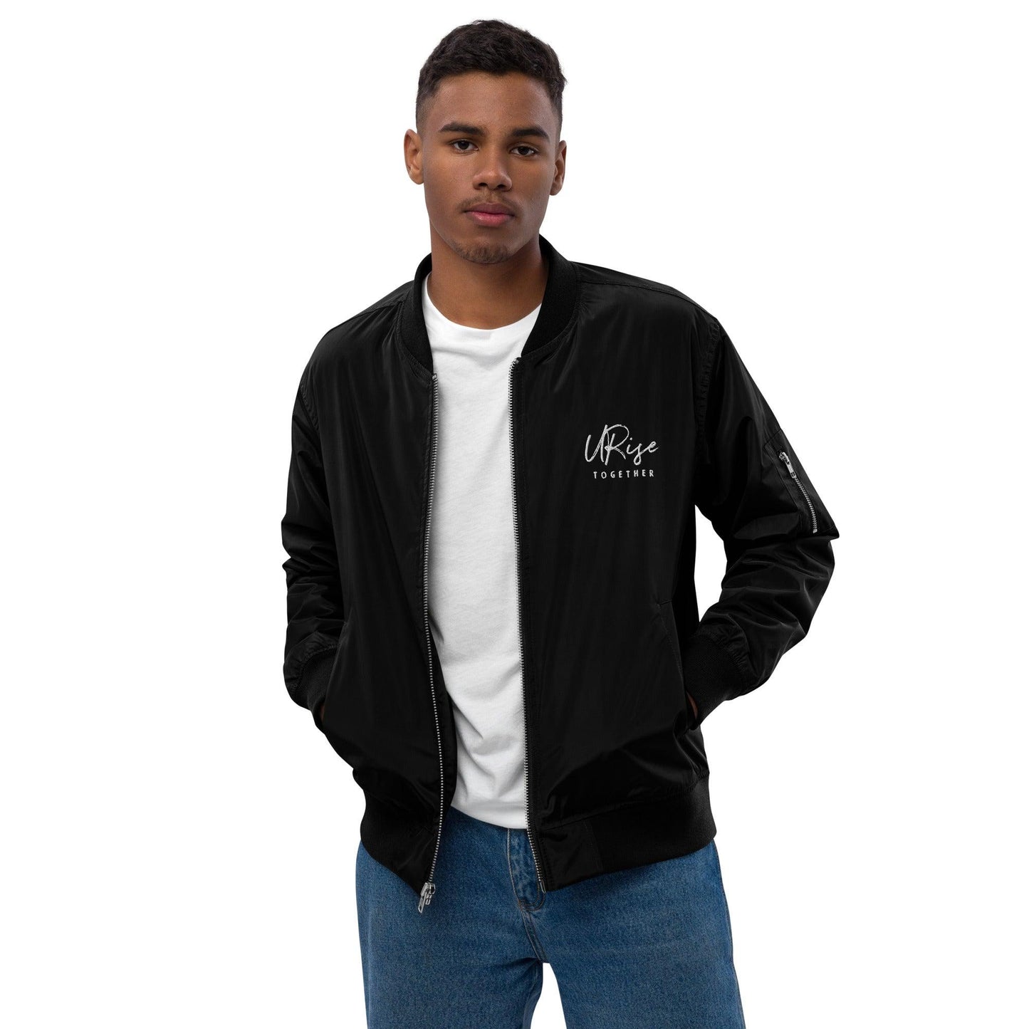 "URise Together" Embroidered Logo Bomber Jacket - Black - URiseTogetherApparel